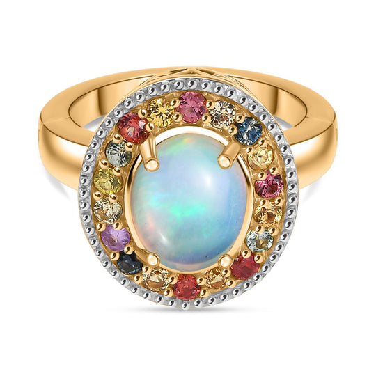 Djoy AA Natürlicher, äthiopischer Welo Opal, Mehrfarbig Saphir Ring 925 Silber 750 Gelbgold Vermeil (Größe 19.00) ca. 2.80 ct