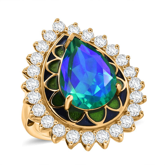 D joy Pfau Quarz Triplette, Weißer Zirkon Ring 925 Silber 750 Gelbgold Vermeil (Größe 20.00) ca. 7.78 ct