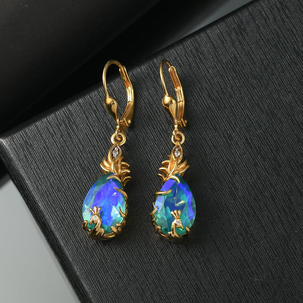Pfau Quarz Triplette, Weißer Zirkon Ohrringe 925 Silber 750 Gelb Vergoldet ca. 6.59 ct