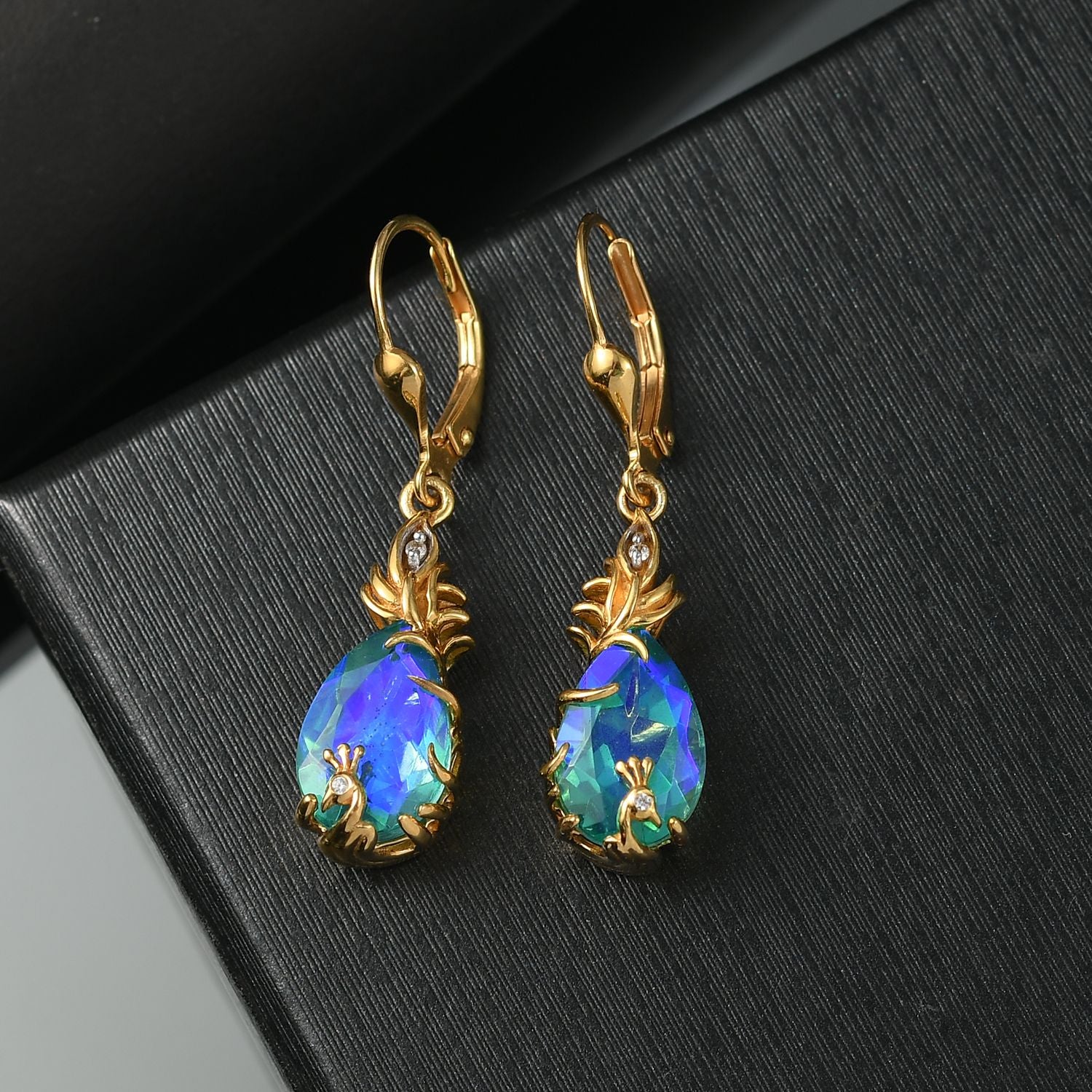 Pfau Quarz Triplette, Weißer Zirkon Ohrringe 925 Silber 750 Gelb Vergoldet ca. 6.59 ct