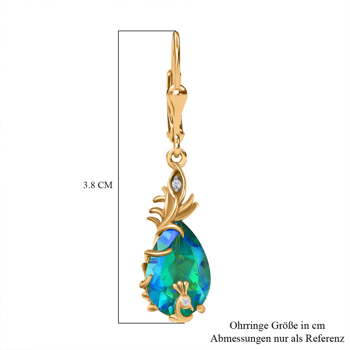 Pfau Quarz Triplette, Weißer Zirkon Ohrringe 925 Silber 750 Gelb Vergoldet ca. 6.59 ct