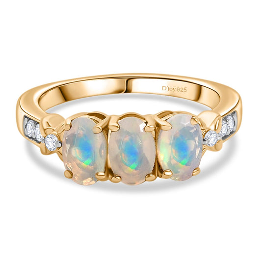 Djoy Natürlicher, äthiopischer Welo Opal, Weißer Zirkon Ring 925 Silber 750 Gelb Vergoldet (Größe 21.00) ca. 1.04 ct