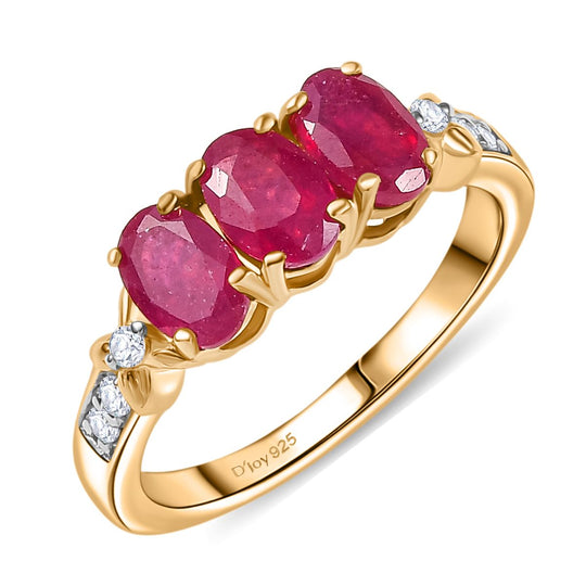 D’joy Afrikanischer Rubin (Fissure gefüllt), Weißer Zirkon Ring 925 Silber 750 Gelb Vergoldet (Größe 21.00) ca. 2,29 ct