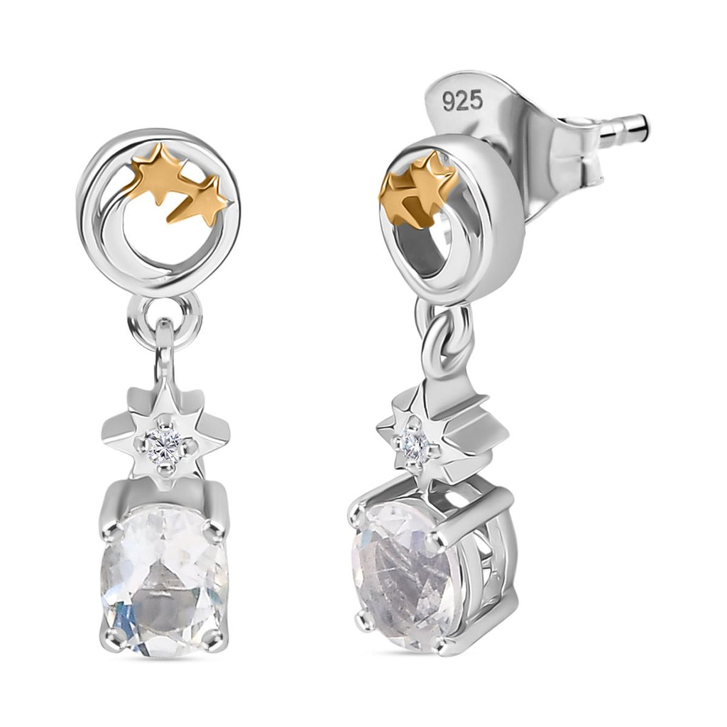 D joy AAA Premium Malagasy Mondstein, Weißer Zirkon Celestial Echoes Ohrringe 925 Silber Zweifarbige Beschichtung ca. 0.76 ct