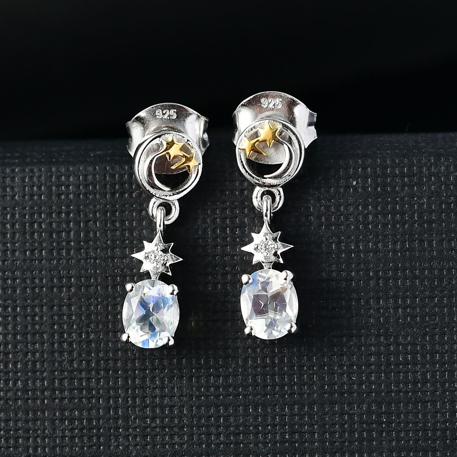 D joy AAA Premium Malagasy Mondstein, Weißer Zirkon Celestial Echoes Ohrringe 925 Silber Zweifarbige Beschichtung ca. 0.76 ct