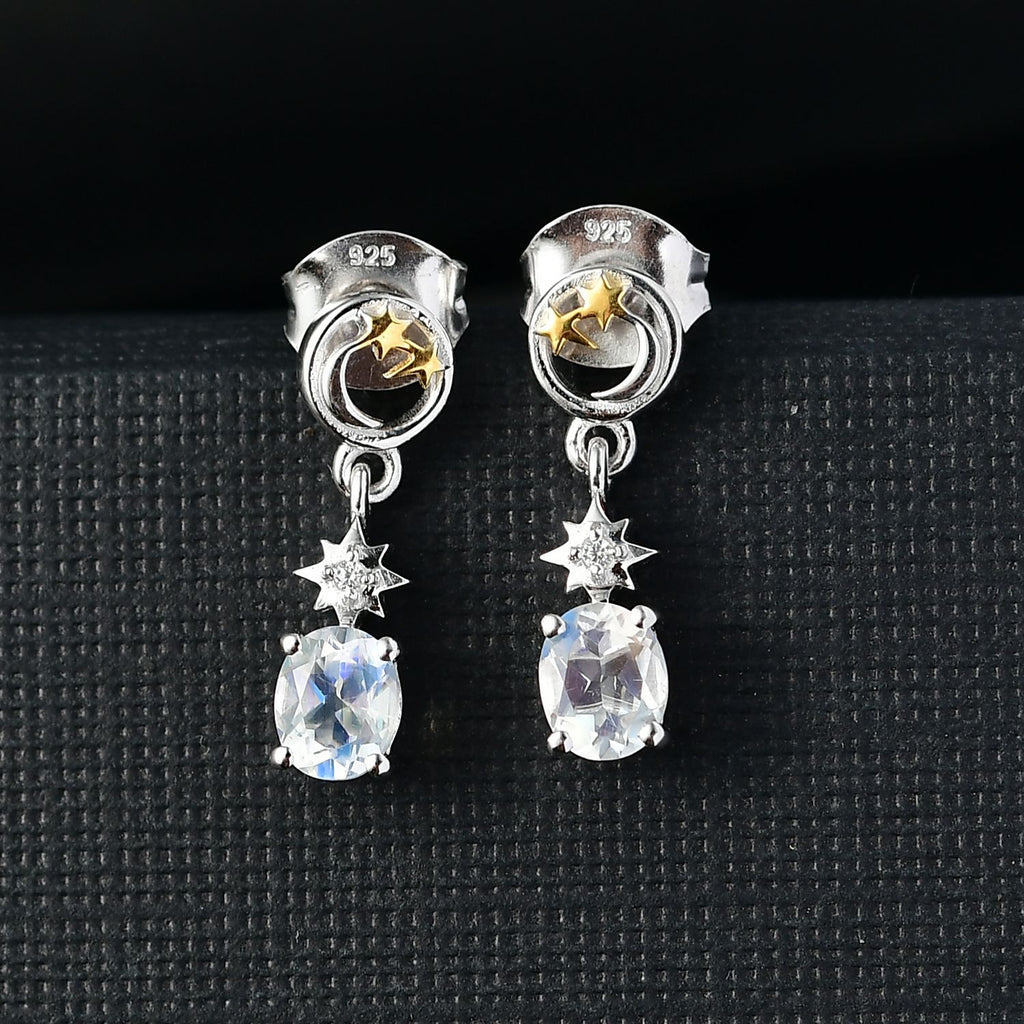 D joy AAA Premium Malagasy Mondstein, Weißer Zirkon Celestial Echoes Ohrringe 925 Silber Zweifarbige Beschichtung ca. 0.76 ct