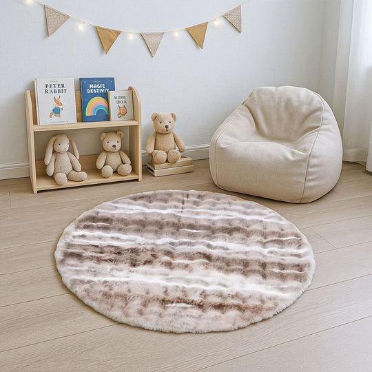 Bubble Kunstfell Teppich, rund, mit Schaumstoffrücken, 120 cm Durchmesser, Braun