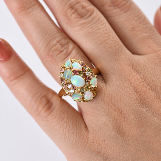 Pebble Bloom - D joy Natürlicher, äthiopischer Welo Opal Ring 925 Silber 750 Gelbgold Vermeil (Größe 17.00) ca. 2,43 ct