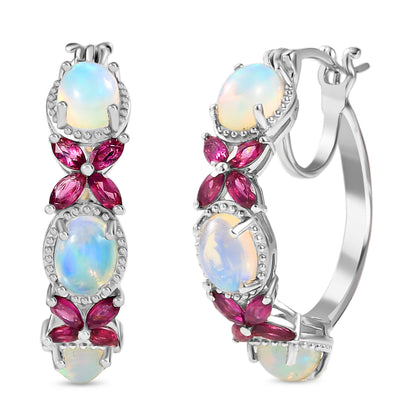 Petals of Dawn - D joy Natürlicher, äthiopischer Welo Opal, Rhodolith Granat Ohrringe 925 Silber rhodiniert ca. 5,06 ct.