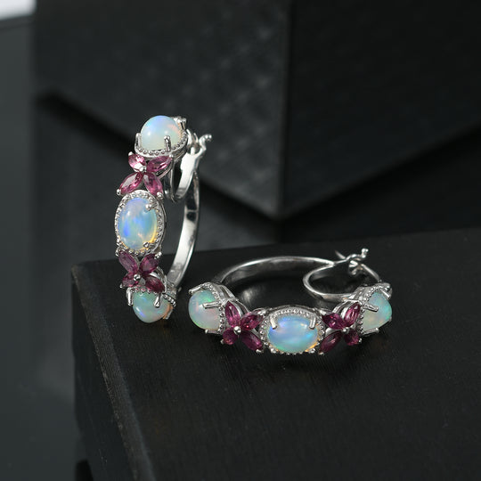 Petals of Dawn - D joy Natürlicher, äthiopischer Welo Opal, Rhodolith Granat Ohrringe 925 Silber rhodiniert ca. 5,06 ct.