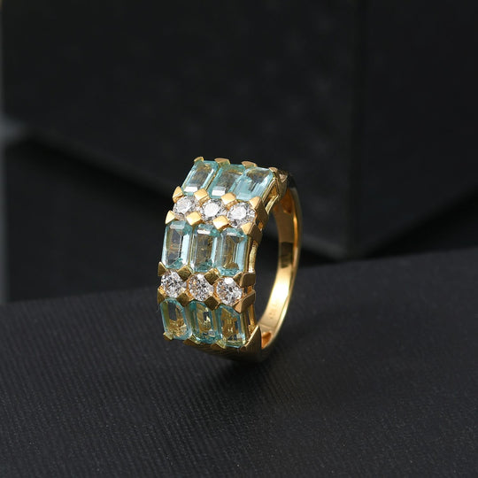 Djoy Betroka Blauer Apatit, Moissanit Ring 925 Silber 750 Gelbgold Vermeil (Größe 21.00) ca. 3.31 ct