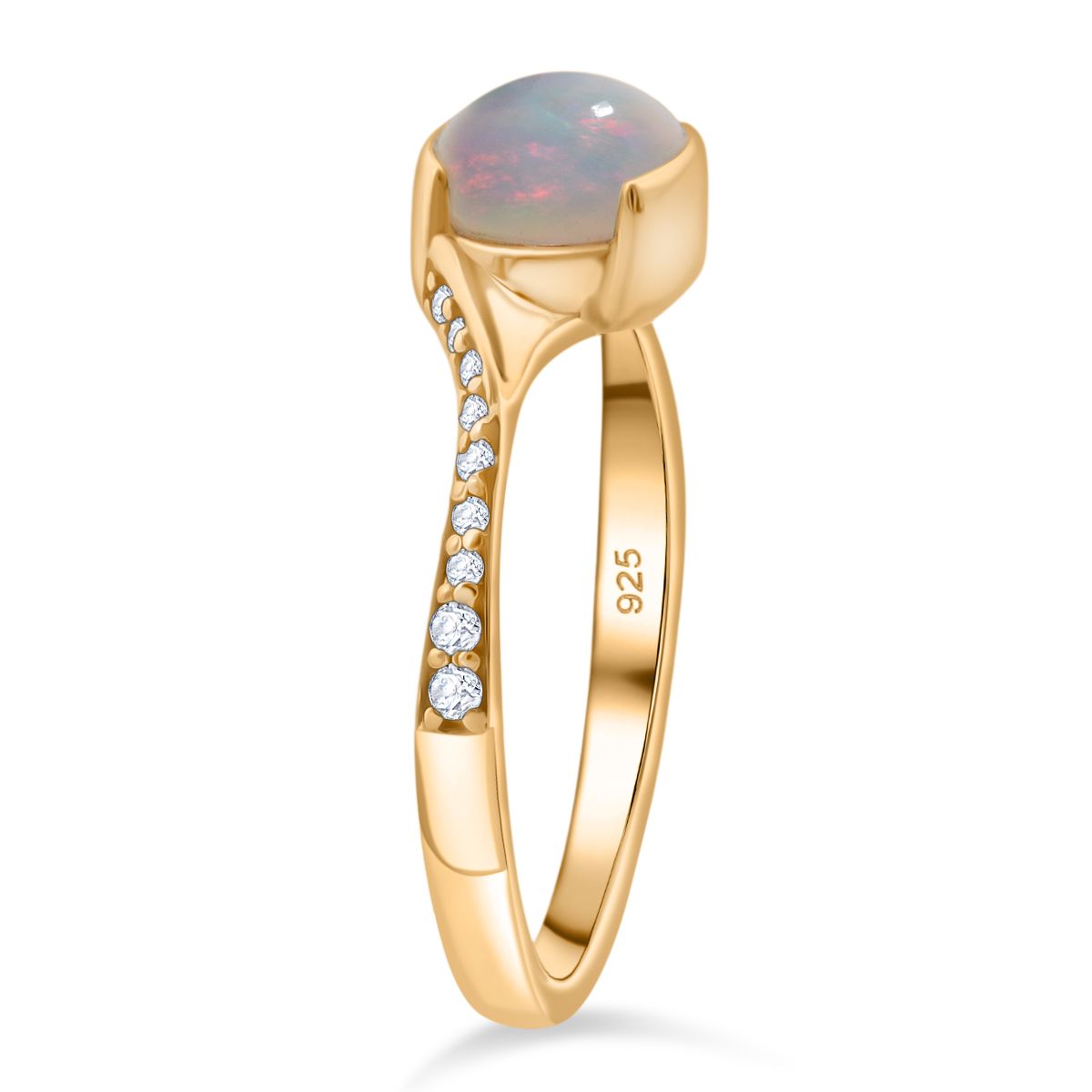 Natürlicher, äthiopischer Welo Opal, Weißer Zirkon Ring 925 Silber vergoldet (Größe 21.00) ca. 0,99 ct
