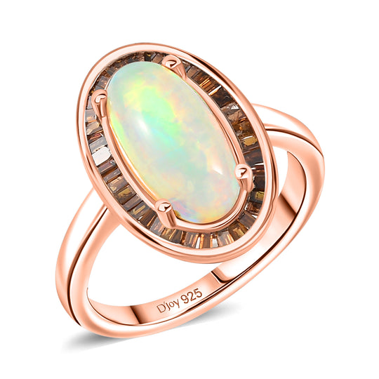 D'Joy AA Natürlicher, äthiopischer Welo Opal, Roter Diamant Ring 925 Silber 750 Roségold Vermeil (Größe 21.00) ca. 2,75 ct