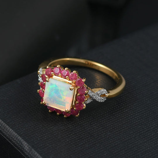 Opal Radiance - D joy Natürlicher, äthiopischer Welo Opal Starlit Ring, 925 Silber 750 Gelbgold Vermeil (Größe 17.00) ca. 1,84 ct