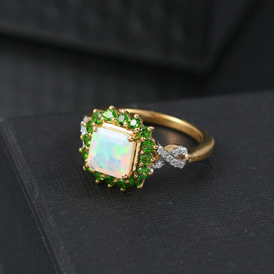Opal Radiance - D joy Natürlicher, äthiopischer Welo Opal, Natürlicher Chromdiopsid Starlit Ring, 925 Silber 750 Gelbgold Vermeil (Größe 19.00) ca. 1.73 ct