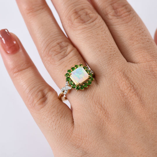 Opal Radiance - D joy Natürlicher, äthiopischer Welo Opal, Natürlicher Chromdiopsid Starlit Ring, 925 Silber 750 Gelbgold Vermeil (Größe 19.00) ca. 1.73 ct