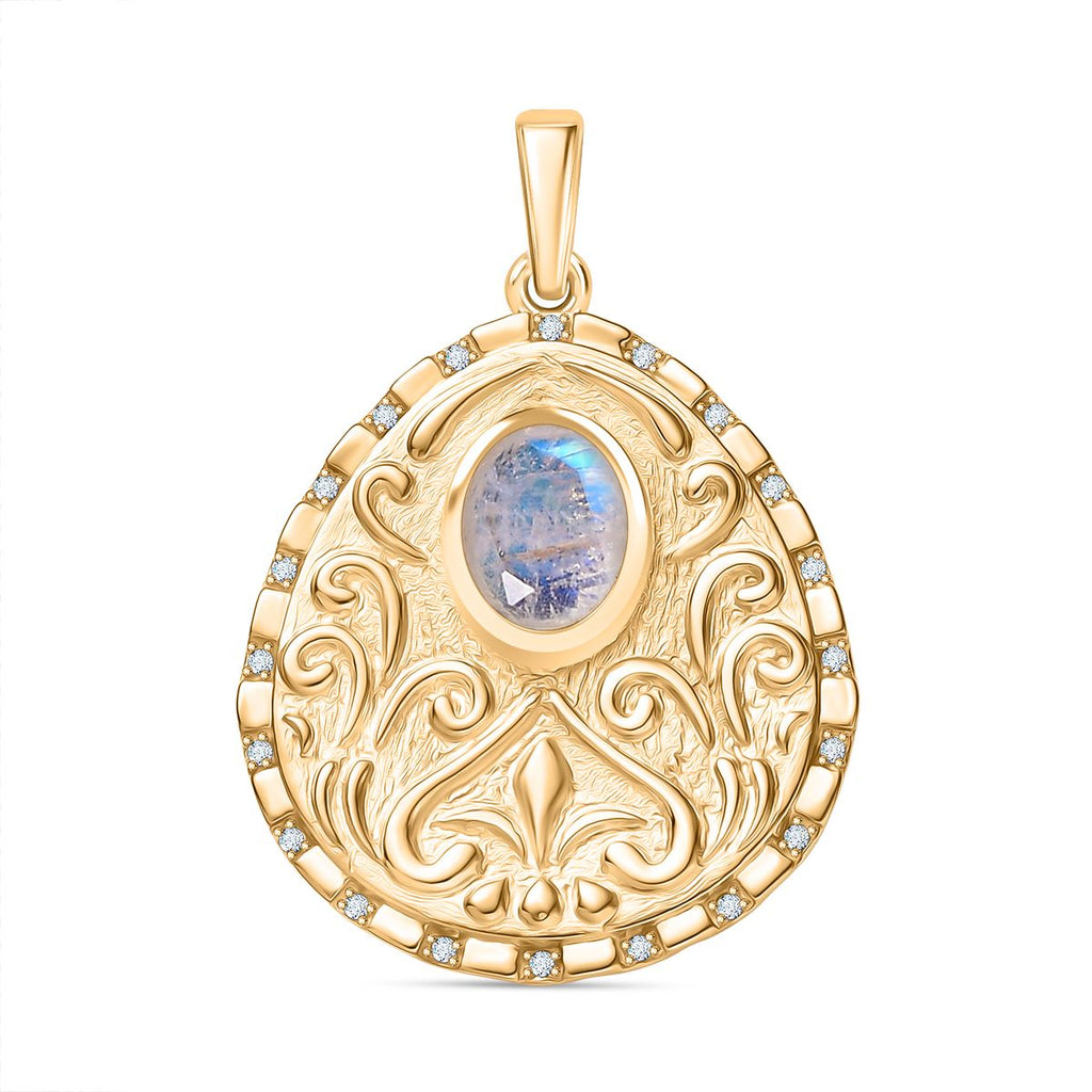 Regenbogen Mondstein, Weißer Zirkon Anhänger Messing E-Überzug Gelb Gold ca. 1,98 ct.