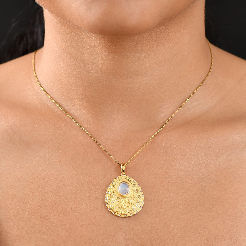 Regenbogen Mondstein, Weißer Zirkon Anhänger Messing E-Überzug Gelb Gold ca. 1,98 ct.