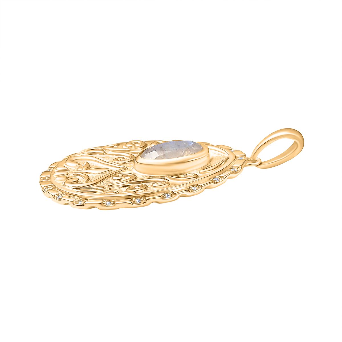 Regenbogen Mondstein, Weißer Zirkon Anhänger Messing E-Überzug Gelb Gold ca. 1,98 ct.
