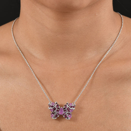 GP Trionfo Kollektion - Ilakaka Rosa Saphir (Fissure gefüllt), Lotus Granat Halskette ca. 45 cm 925 Silber rhodiniert ca. 7.36 ct
