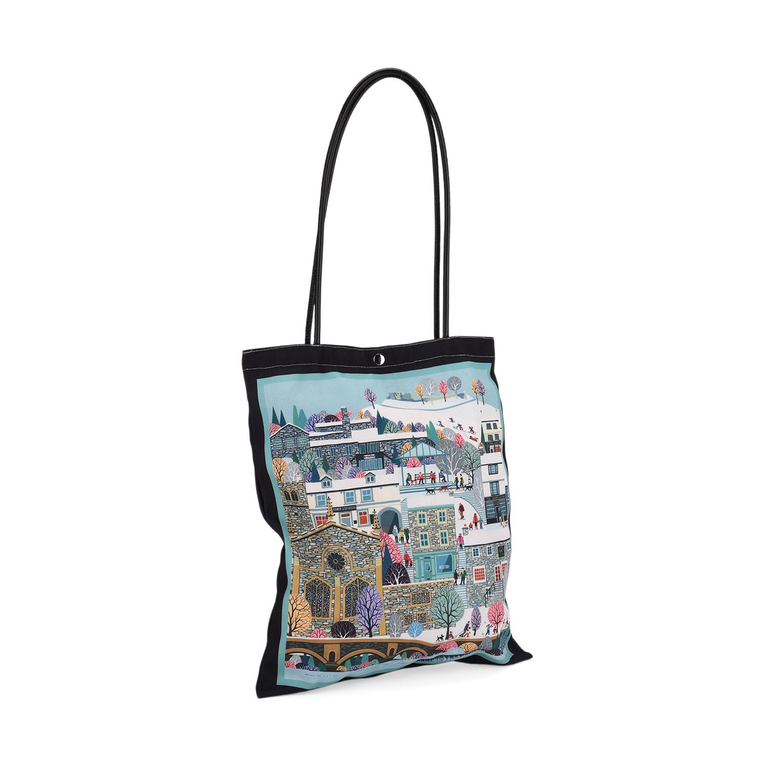 2er-Set Einkaufstaschen mit Stadt- und Blumen-Motiv, 34x40 cm, Schwarz