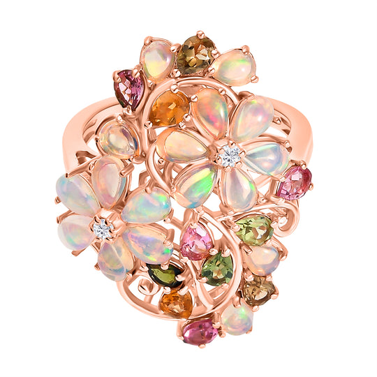 Flora Aurora - D joy Natürlicher, äthiopischer Welo Opal, Mehrfarbiger-Turmalin , 925 Silber 750 Roségold Vermeil (Größe 18.00) ca. 4.07 ct