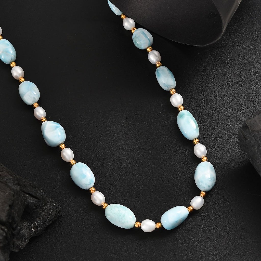 AA Larimar, Süßwasser Perle Halskette ca. 45 cm 925 Silber 750 Gelbgold Vermeil