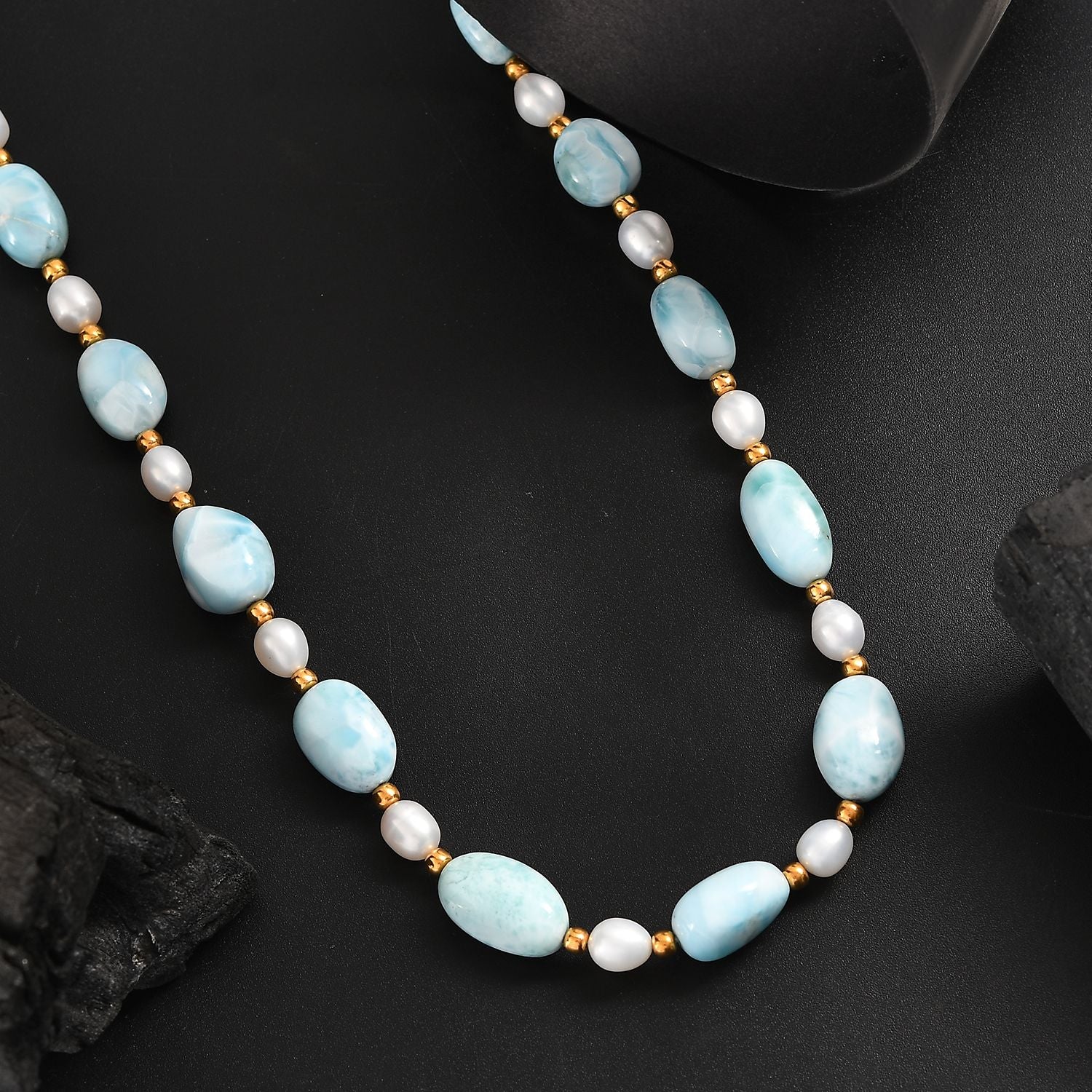 AA Larimar, Süßwasser Perle Halskette ca. 45 cm 925 Silber 750 Gelbgold Vermeil