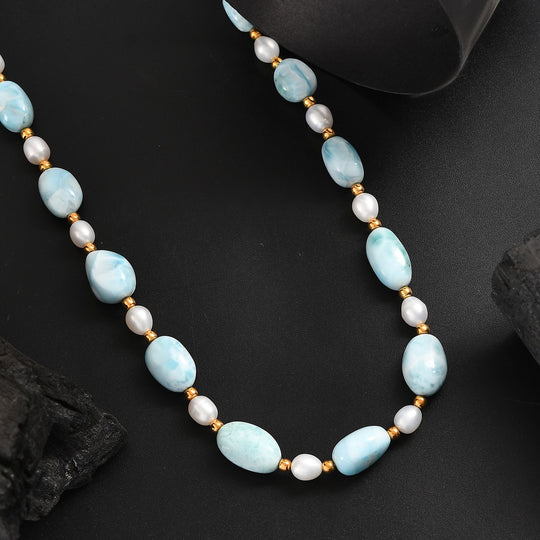AA Larimar, Süßwasser Perle Halskette ca. 45 cm 925 Silber 750 Gelbgold Vermeil