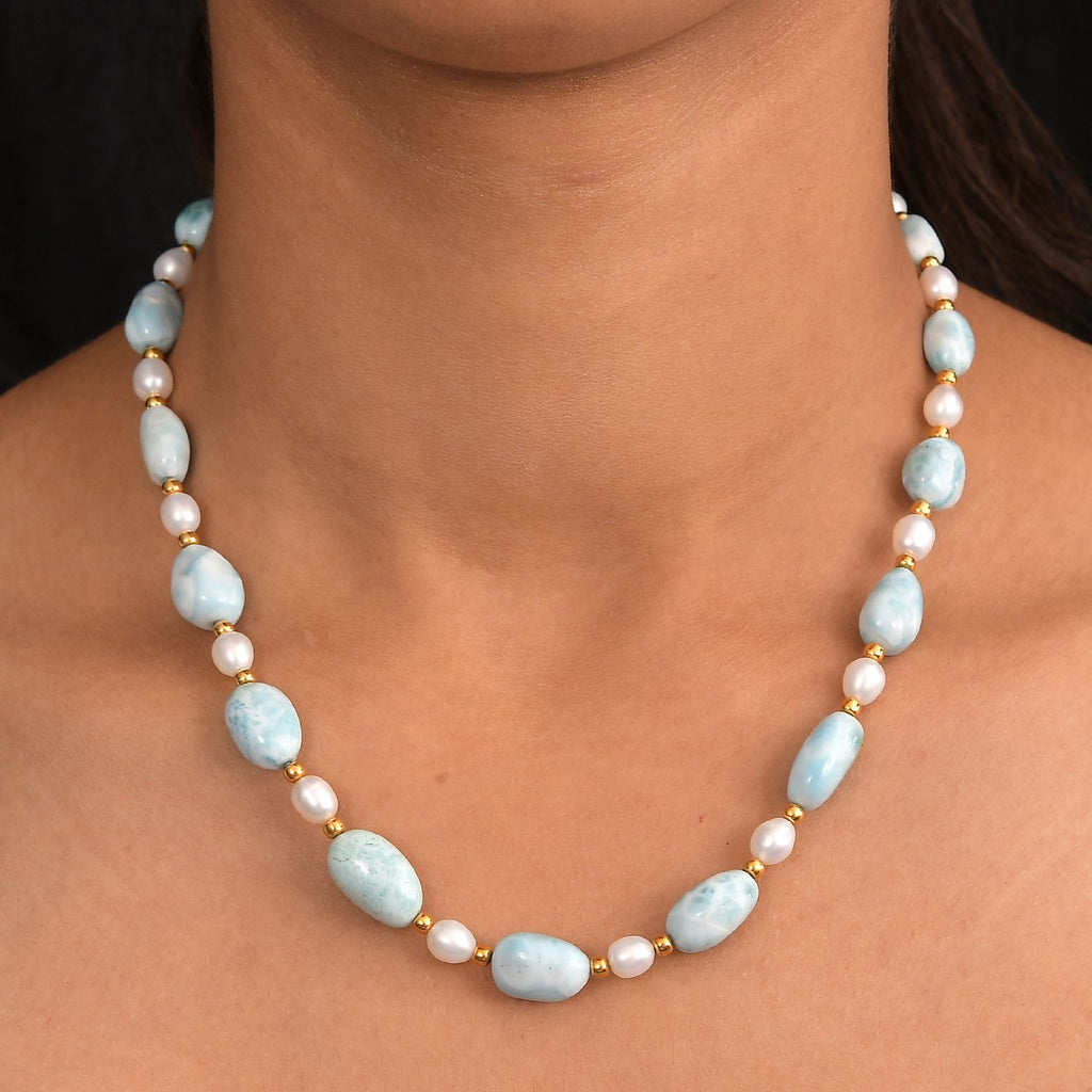 AA Larimar, Süßwasser Perle Halskette ca. 45 cm 925 Silber 750 Gelbgold Vermeil