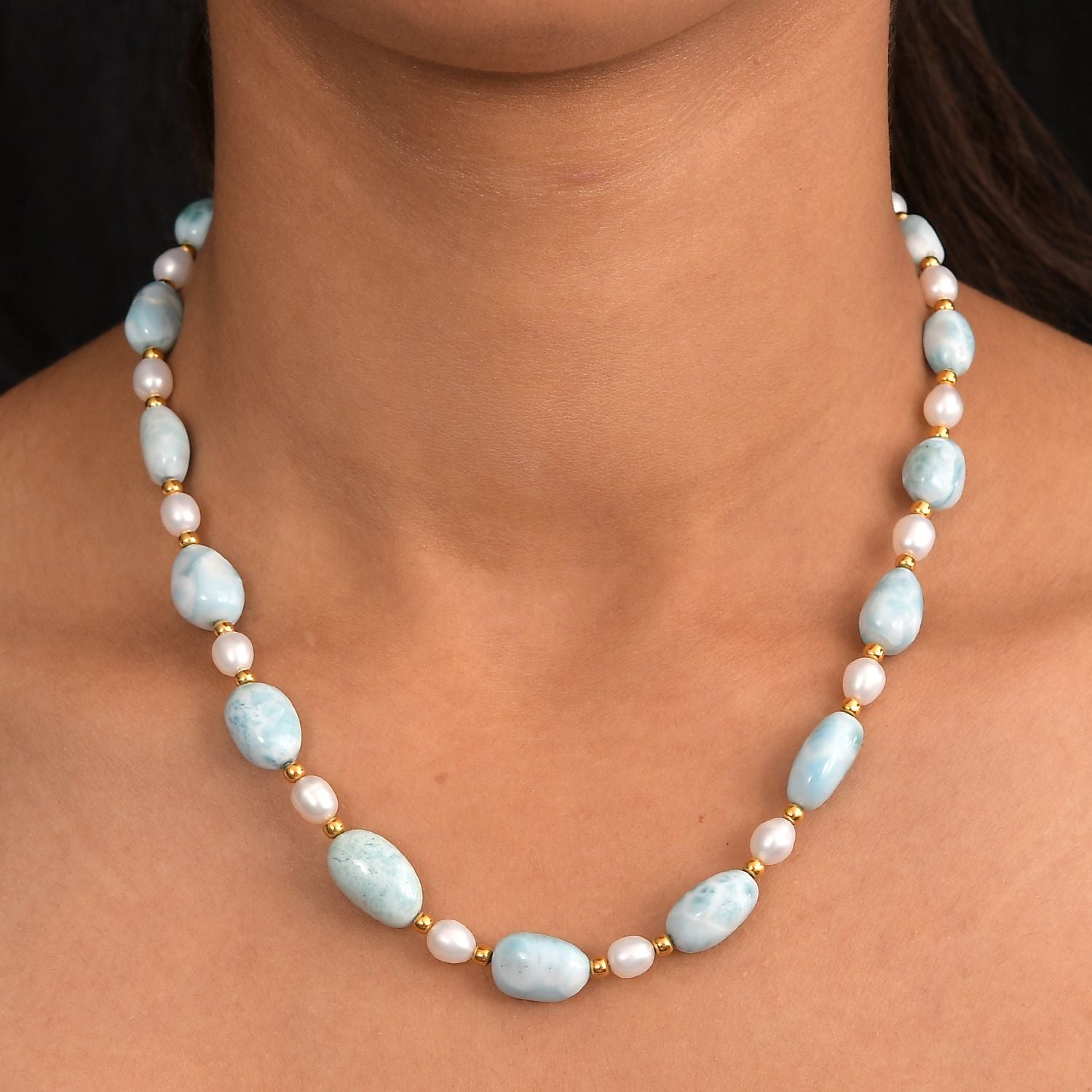 AA Larimar, Süßwasser Perle Halskette ca. 45 cm 925 Silber 750 Gelbgold Vermeil