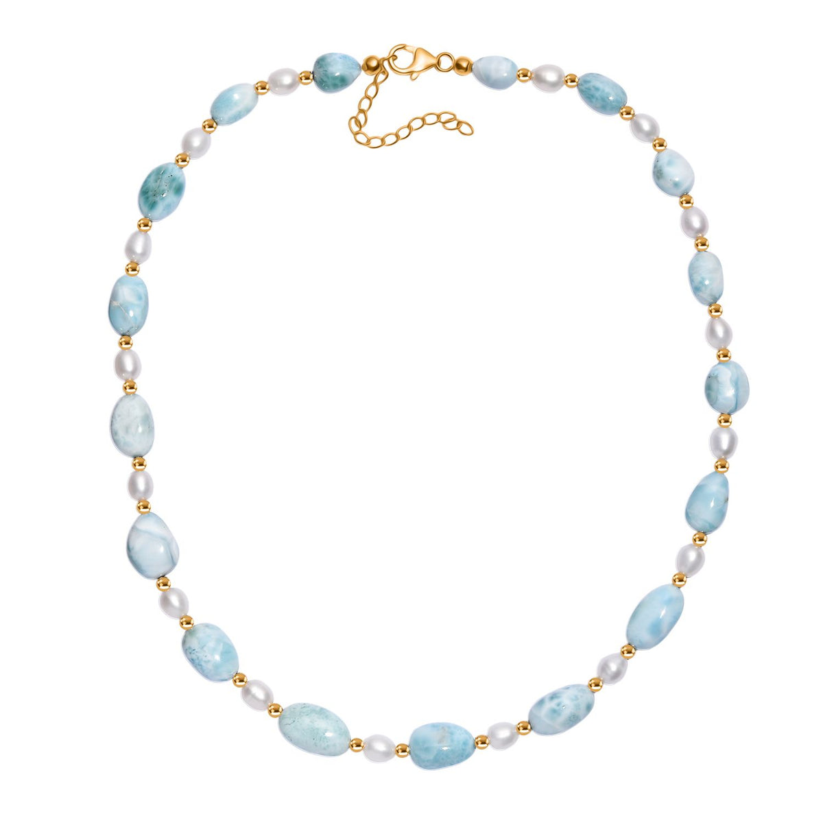 AA Larimar, Süßwasser Perle Halskette ca. 45 cm 925 Silber 750 Gelbgold Vermeil