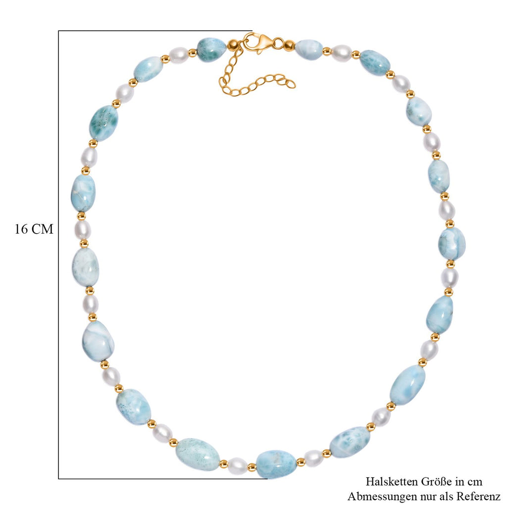 AA Larimar, Süßwasser Perle Halskette ca. 45 cm 925 Silber 750 Gelbgold Vermeil