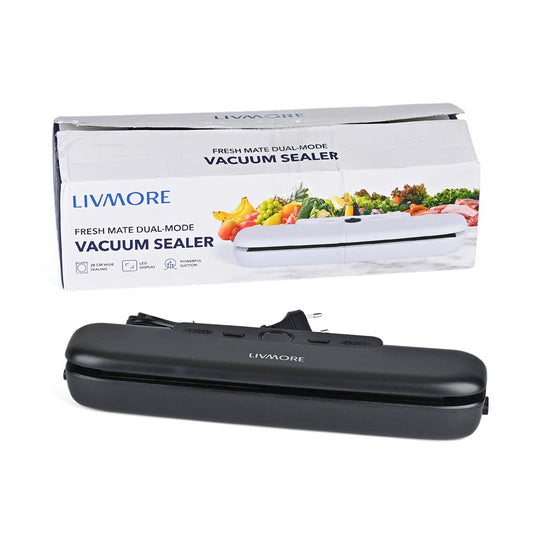 LIVMORE - Vakuumiergerät mit Schweiß- und Vakuumfunktion, inkl. Rollenbeutel und 10 Vakuumbeuteln, Weiß