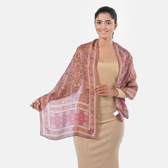 Bedruckter Schal aus 100% Seide, Multicolor-Muster mit türkiser Bordüre, ca. 70 x 200 cm