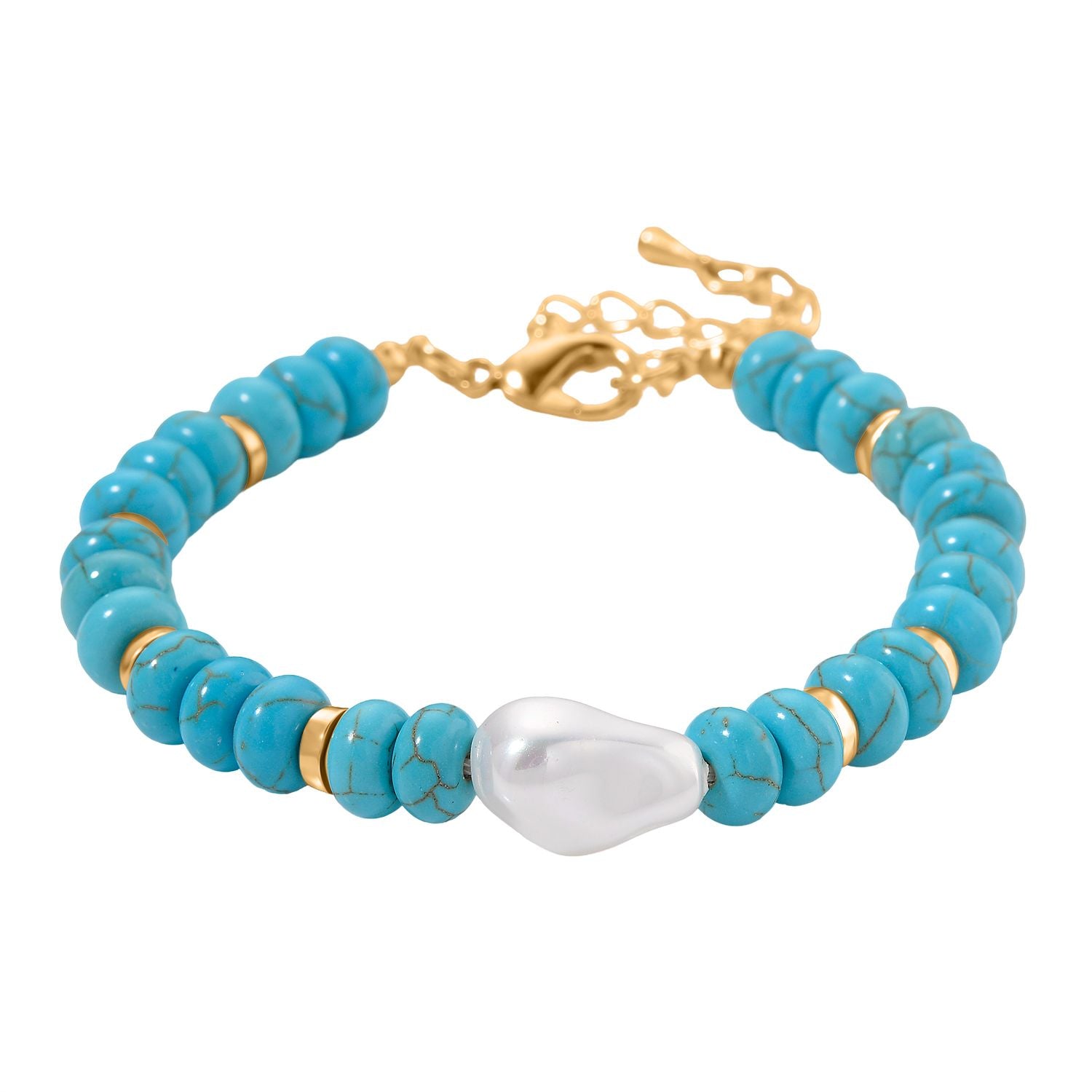 Weiße Muschelkernperle, Blauer Howlit Armband, ca. 18 cm + 5 cm Extender, goldfarben