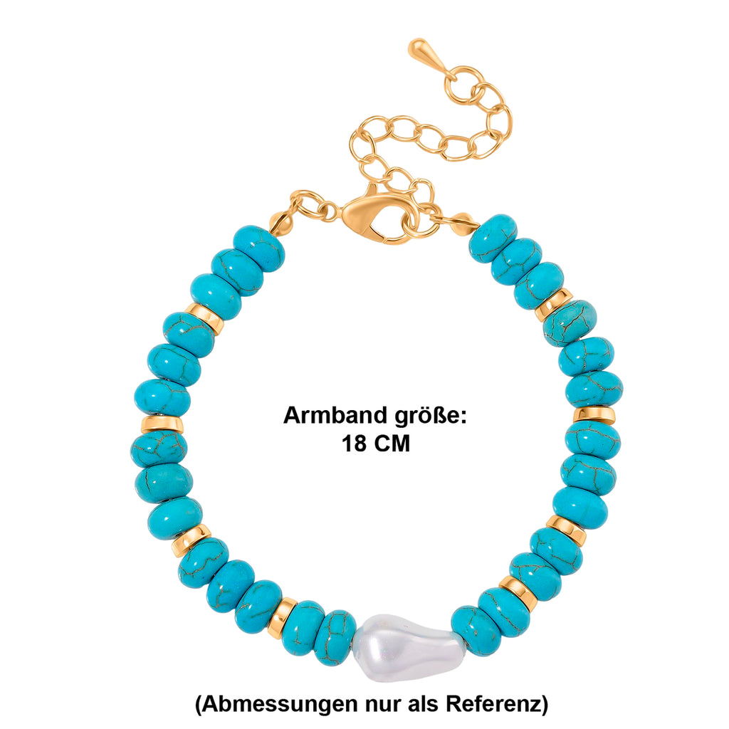 Weiße Muschelkernperle, Blauer Howlit Armband, ca. 18 cm + 5 cm Extender, goldfarben