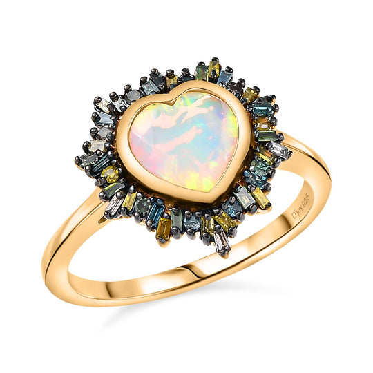 Bloom Heart - D joy Natürlicher, äthiopischer Welo Opal, Blauer Diamant Ring, 925 Silber 750 Gelbgold Vermeil (Größe 20.00) ca. 1.40 ct