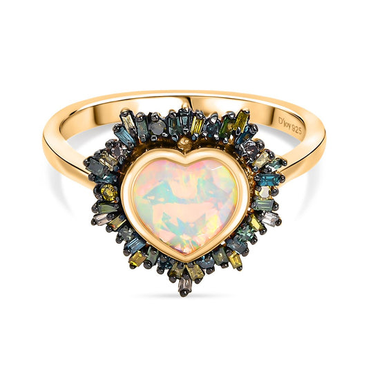 Bloom Heart - D joy Natürlicher, äthiopischer Welo Opal, Blauer Diamant Ring, 925 Silber 750 Gelbgold Vermeil (Größe 20.00) ca. 1.40 ct
