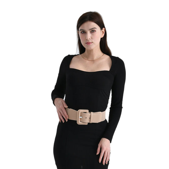 Eleganter Stretch-Taillengürtel mit quadratischer Schnalle, 45 x 6 cm, Schwarz