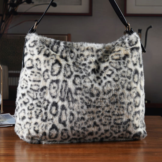 Leopardenmuster-Fellimitat-Tasche, 46x11x35 cm, Beige-Schwarz