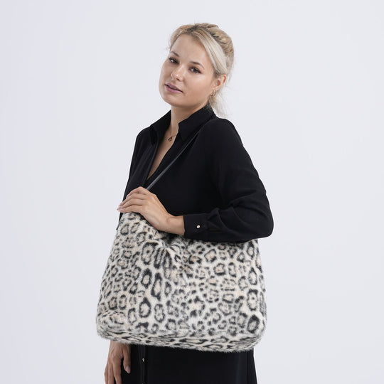 Leopardenmuster-Fellimitat-Tasche, 46x11x35 cm, Beige-Schwarz