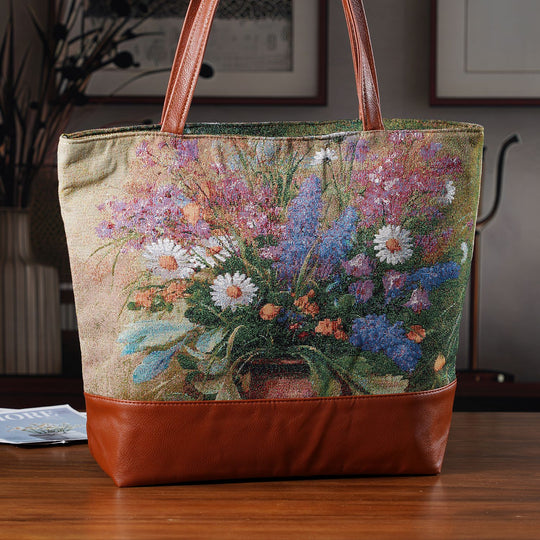 Schultertasche mit Blumenmuster, ca. 35.5 x 12 x 36 cm, Beige
