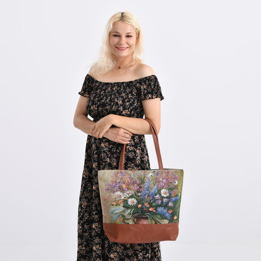 Schultertasche mit Blumenmuster, ca. 35.5 x 12 x 36 cm, Beige