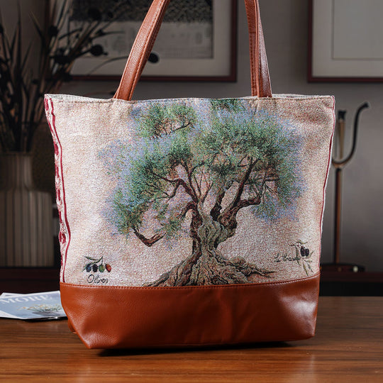 Schultertasche mit Baum-Motiv, ca. 35.5 x 12 x 36 cm, Grün