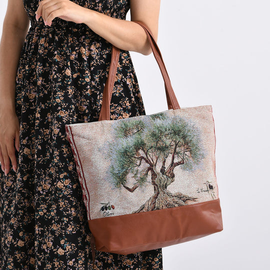 Schultertasche mit Baum-Motiv, ca. 35.5 x 12 x 36 cm, Grün