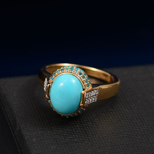 D’joy AA Sleeping Beauty Türkis, Moissanit Ring 925 Silber 750 Gelbgold Vermeil (Größe 21.00) ca. 2,67 ct