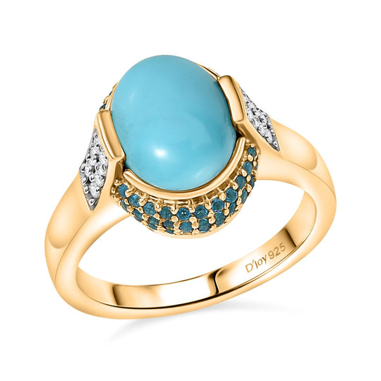 D’joy AA Sleeping Beauty Türkis, Moissanit Ring 925 Silber 750 Gelbgold Vermeil (Größe 21.00) ca. 2,67 ct