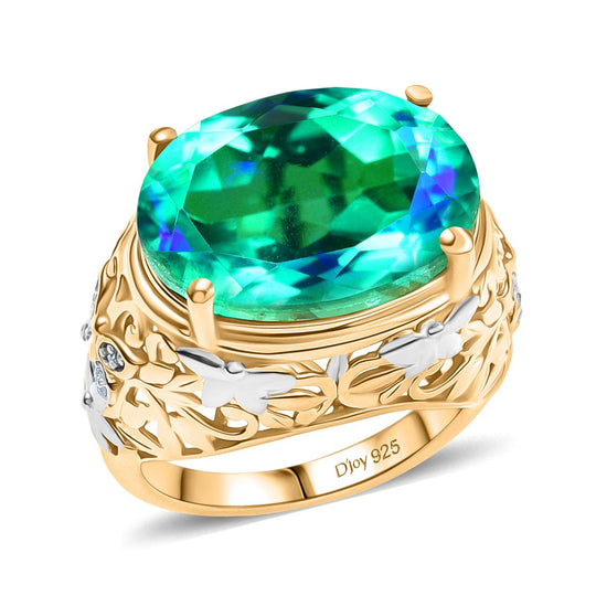 D joy Pfau Quarz Triplette, Weißer Zirkon Ring 925 Silber Rhodiniert und 750 Gelbgold Vermeil (Größe 19.00) ca. 14.02 ct