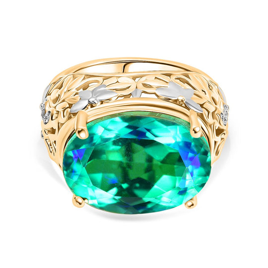 D joy Pfau Quarz Triplette, Weißer Zirkon Ring 925 Silber Rhodiniert und 750 Gelbgold Vermeil (Größe 19.00) ca. 14.02 ct